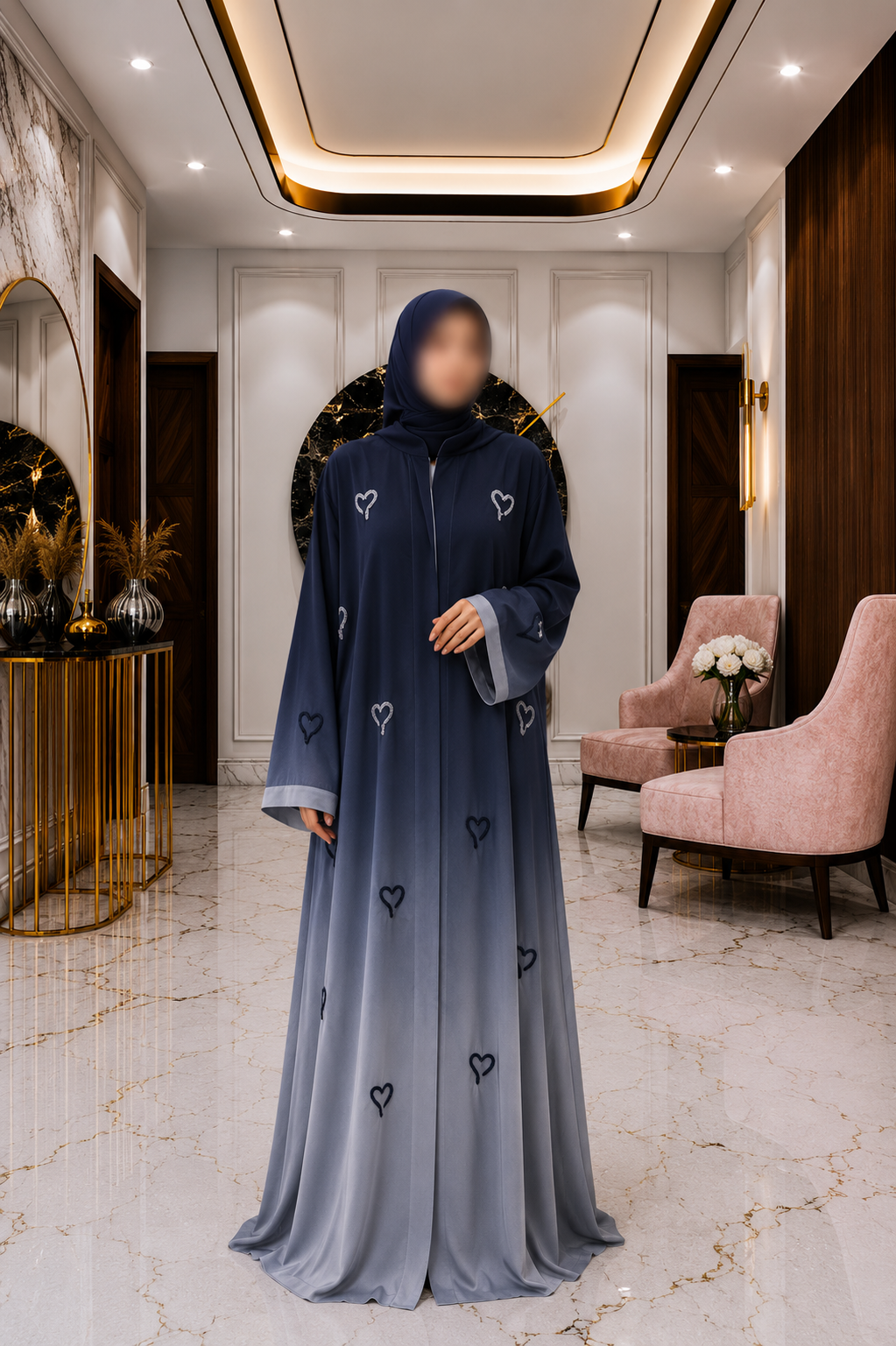 A1-LC001 - Tie and Dye Heart Cut Dana Abaya (Blue)