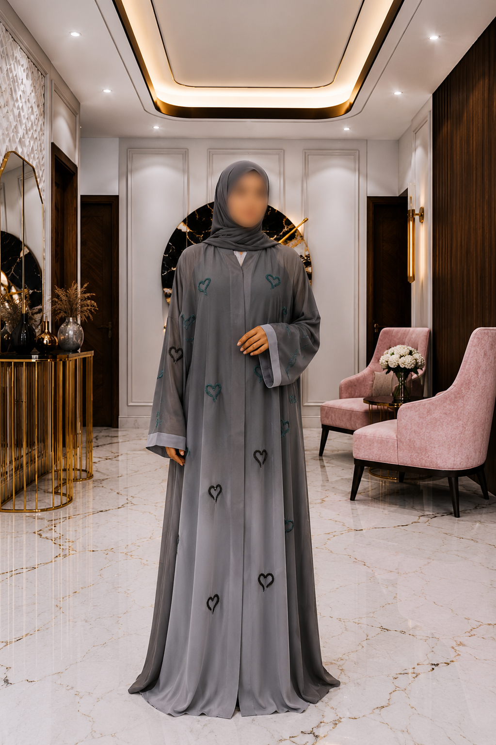 A1-LC001 - Tie and Dye Heart Cut Dana Abaya (Grey)