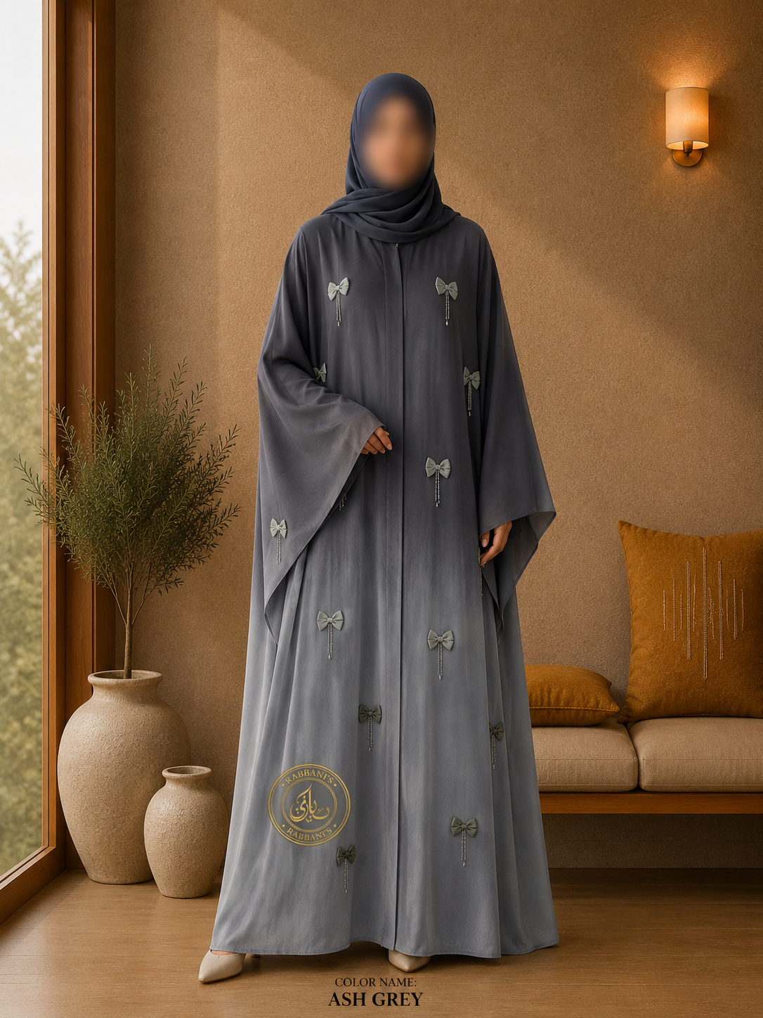 A1-LC004 - Tie and Dye Bow Cut Dana Abaya (Ash Gray)