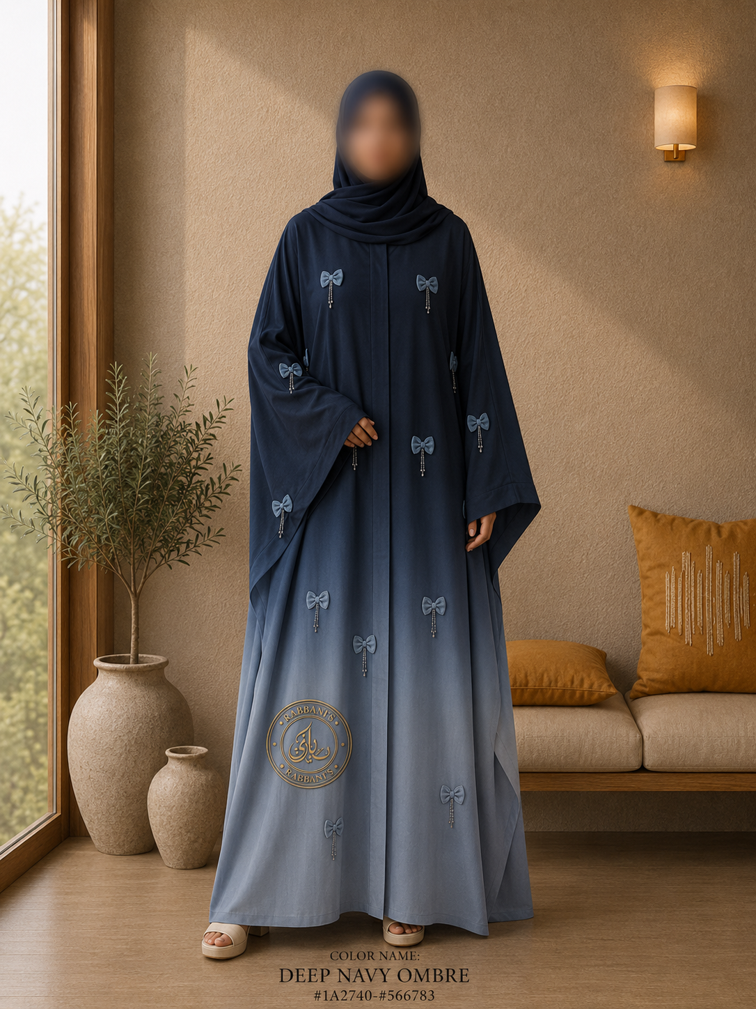 A1-LC004 - Tie and Dye Bow Cut Dana Abaya (Navy Obmre)