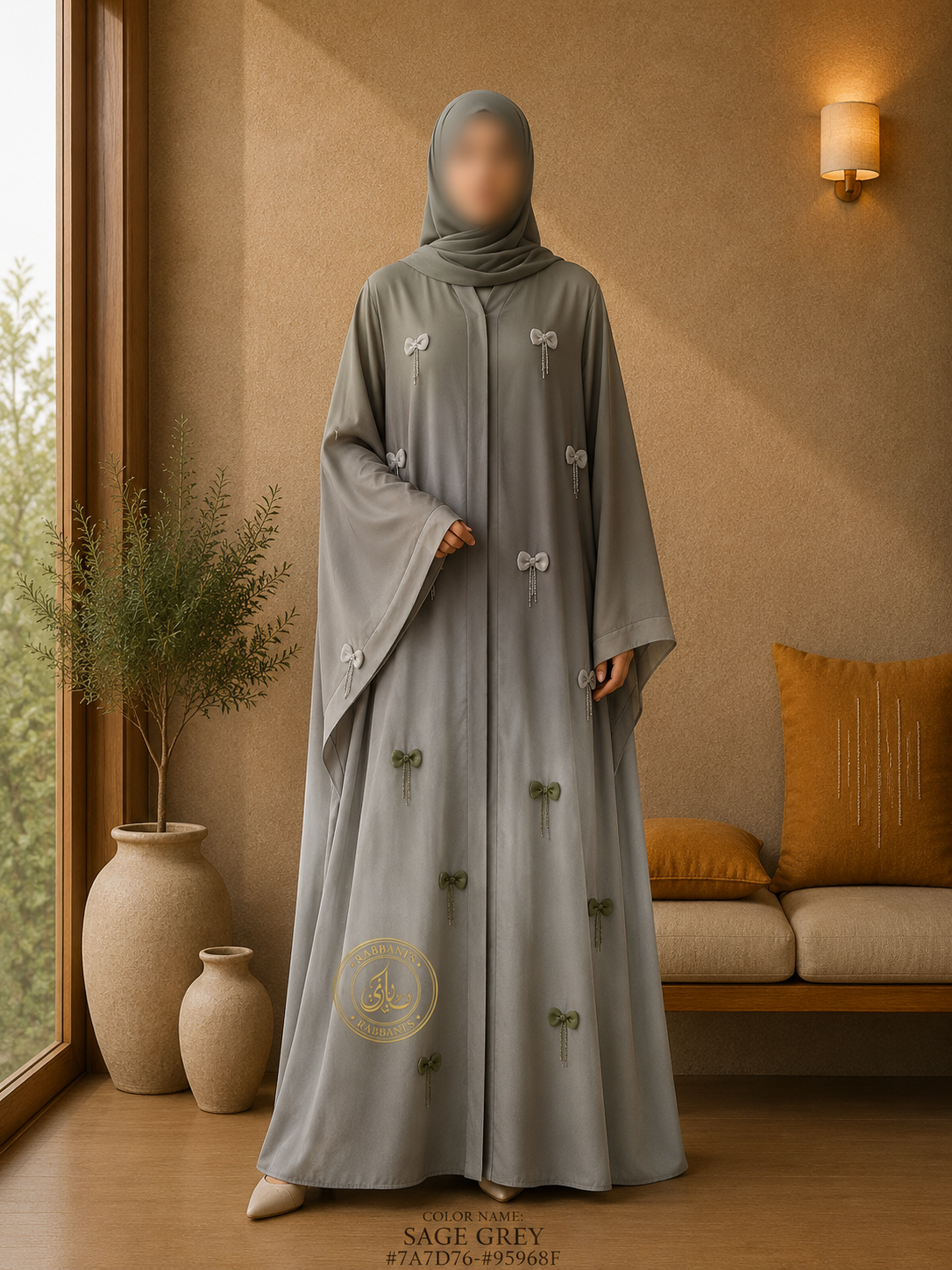 A1-LC004 - Tie and Die Bow Cut Dana Abaya (Sage Grey)