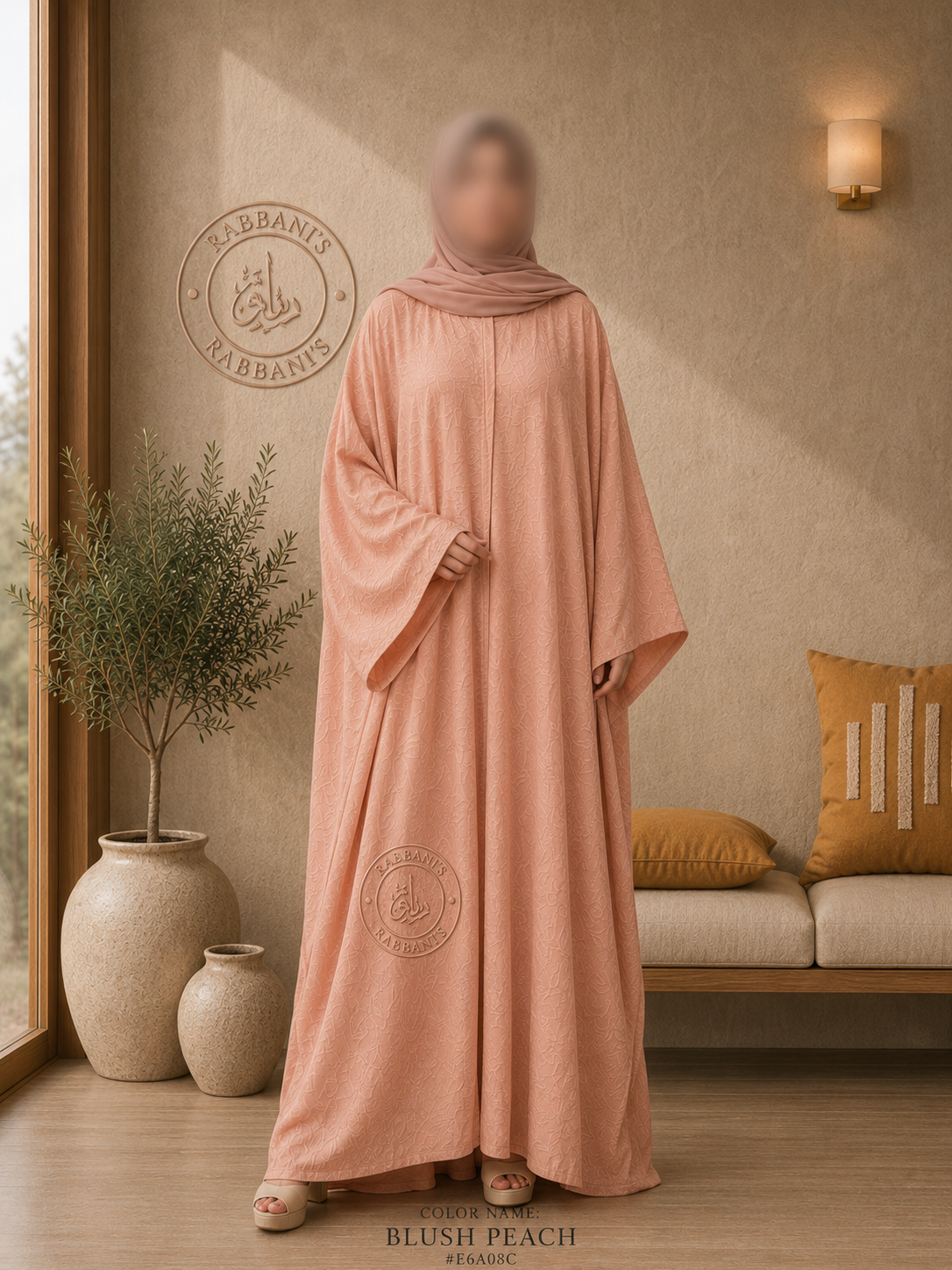 A3-LC003 - Embossed Butterfly Abaya (Blush Peach)