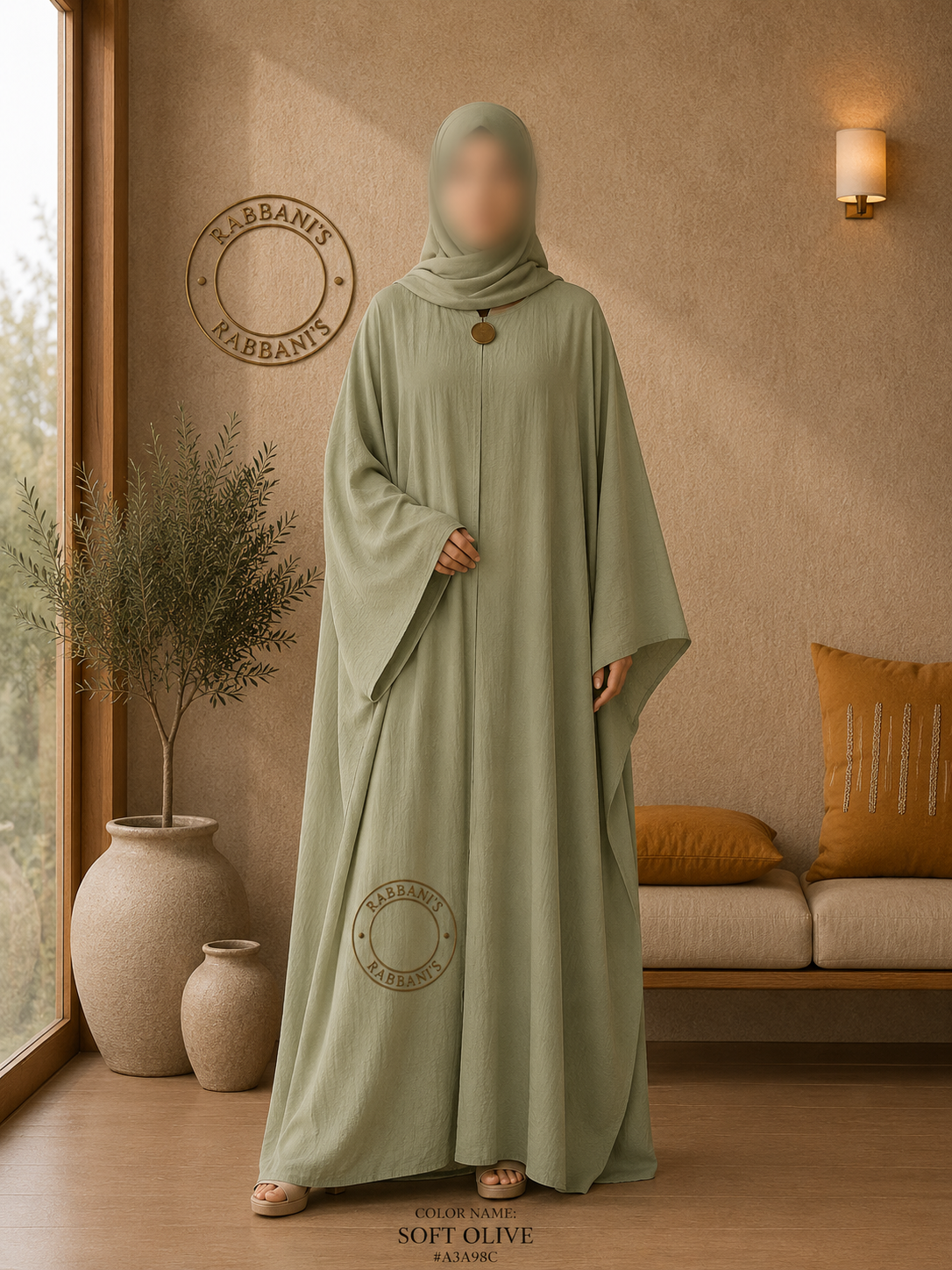 A3-LC003 - Embossed Butterfly Abaya (Soft Olive)