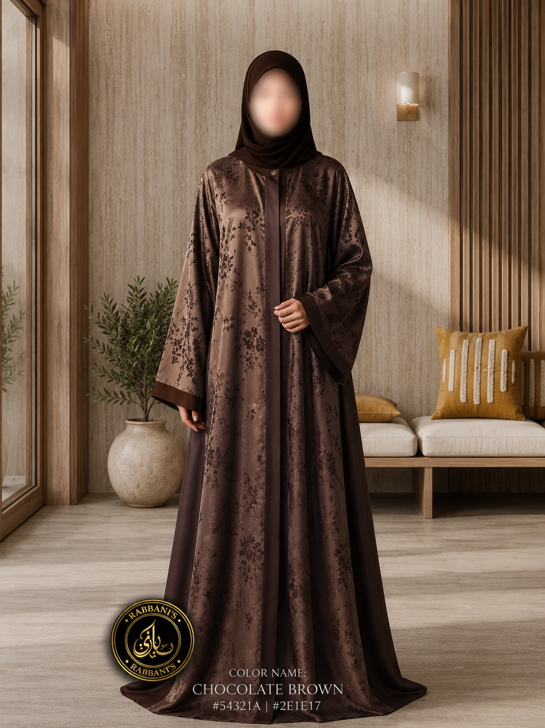 A4-LC014 - Self Printed Modest Abaya (Choclate Brown)