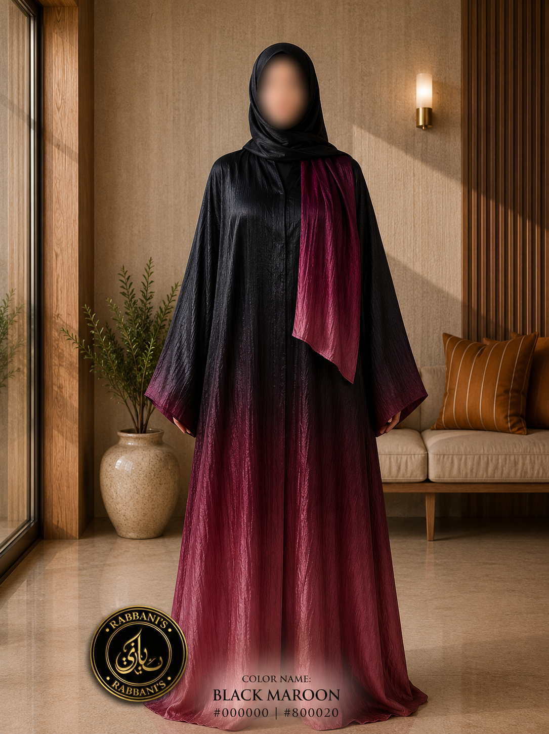A4-LC016 - Tie & Dye Upper Dark Modest Abaya (Black Maroon)