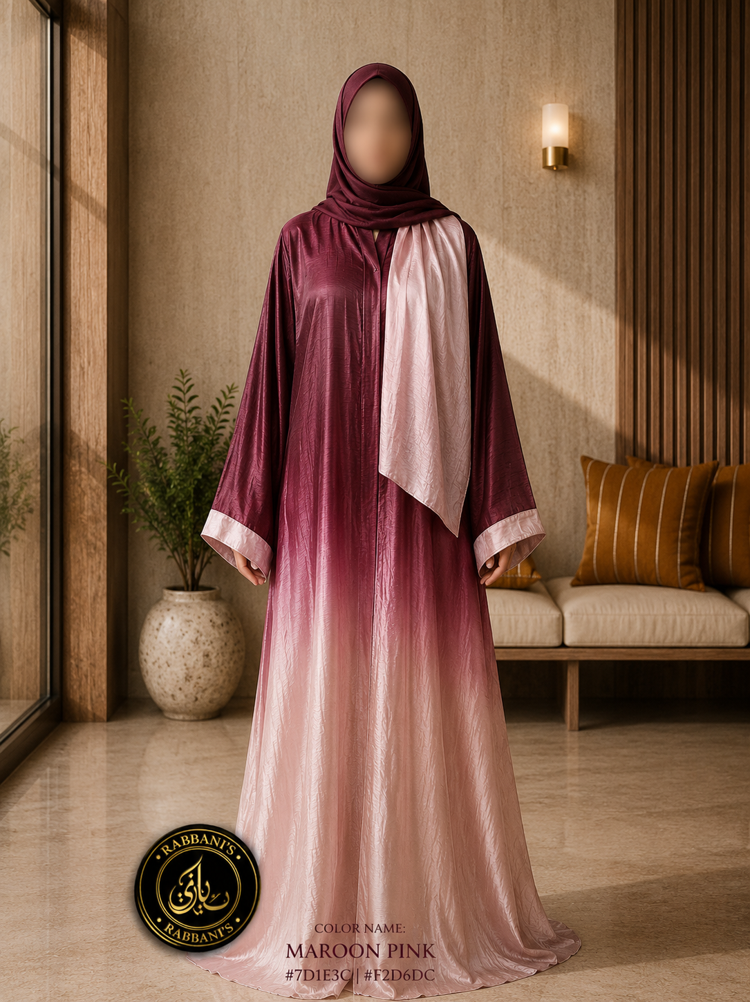 A4-LC016 - Tie & Dye Upper Dark Modest Abaya (Maroon Pink)