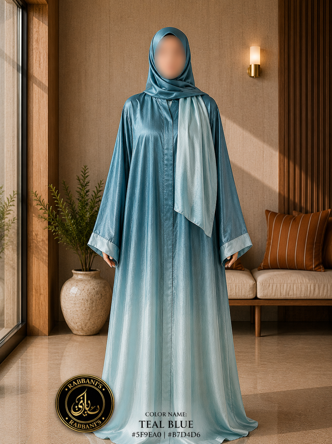 A4-LC016 - Tie & Dye Upper Dark Modest Abaya (Teal Blue)