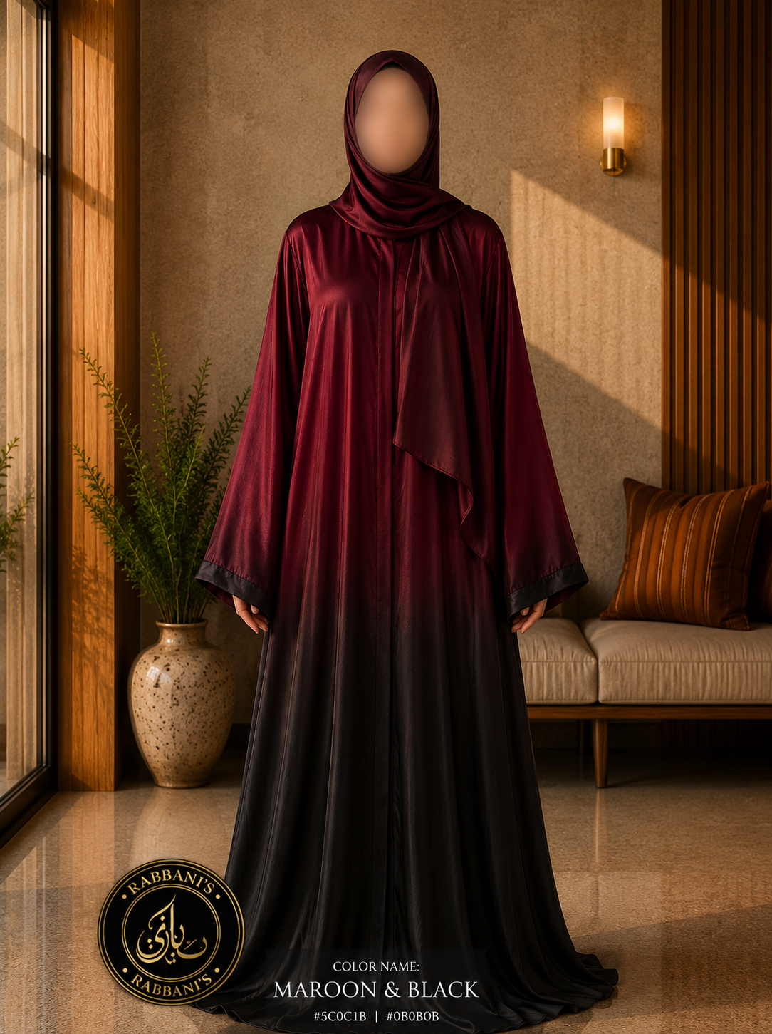 A4-LC017 - Tie & Dye Upper Light Modest Abaya (Maroon Black)