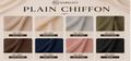 A fabric color chart for 'Plain Chiffon' by Rabbani's, showing eight different color options: Dusty Tan, Nude Beige, Light Grey, Olive Green, Dark Brown, Navy Blue, Dusty Pink, and Black. Each color is represented by a swatch of draped chiffon fabric with its code and name printed below.