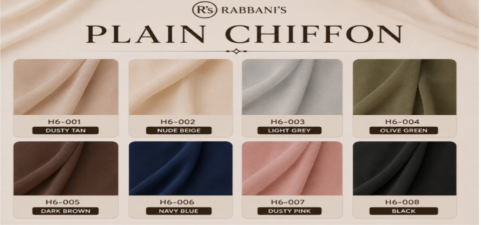 A fabric color chart for 'Plain Chiffon' by Rabbani's, showing eight different color options: Dusty Tan, Nude Beige, Light Grey, Olive Green, Dark Brown, Navy Blue, Dusty Pink, and Black. Each color is represented by a swatch of draped chiffon fabric with its code and name printed below.