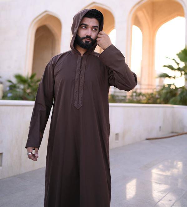 T1-015 Embroidered Brown Hoodie Thobe