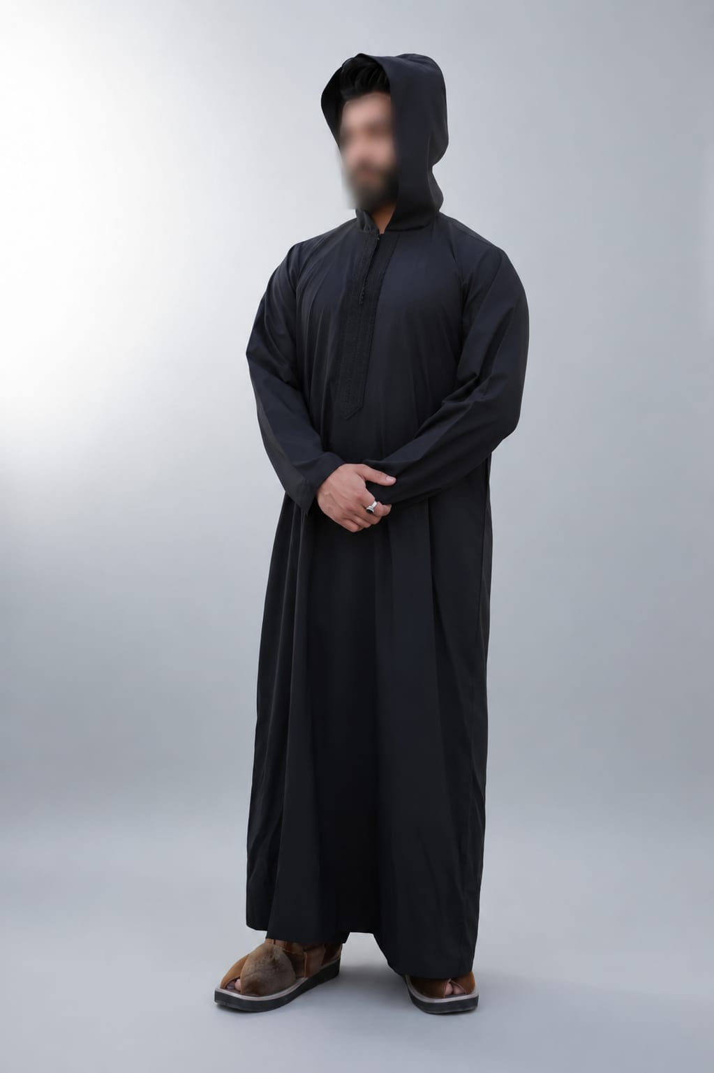T1-016 Embroidered Black Hoodie Thobe